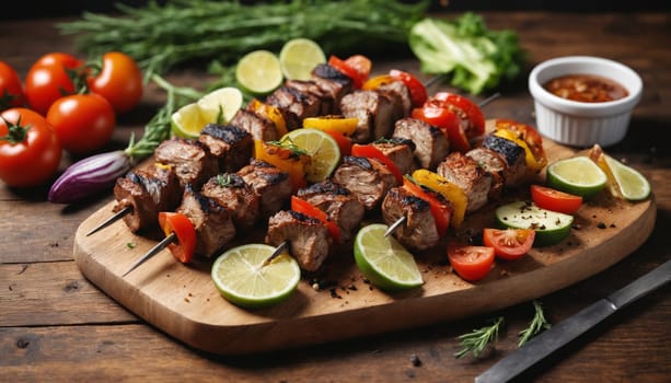 A close-up shot of grilled meat and vegetable skewers on a rustic wooden board. The skewers are arranged in a visually appealing pattern, showcasing the delicious combination of grilled meat, colorful bell peppers, and onion. The background features fresh produce, suggesting a summer barbecue or outdoor meal.