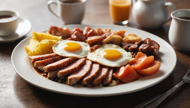 A close-up shot of a delicious breakfast meal featuring fried eggs, crispy bacon, potatoes, and other savory ingredients. This meal is served on a white plate and looks incredibly appetizing.