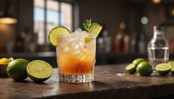 Two margaritas with ice and lime wedges sit on a bar counter, ready to be enjoyed. Lime wedges, slices, and a whole lime are scattered around the cocktails, adding a touch of brightness to the scene. The background features a blurred view of a bar, suggesting a vibrant atmosphere.