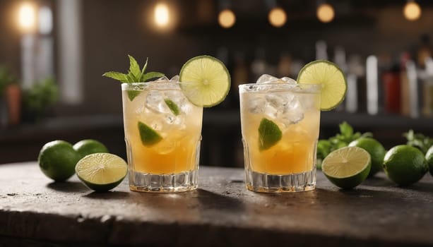 A glass of golden margarita rests on a bar counter, decorated with a lime wedge. The cocktail is surrounded by limes and lemons, with the bars interior in the background. The photo highlights the refreshing nature of the drink, perfect for enjoying on a warm evening.