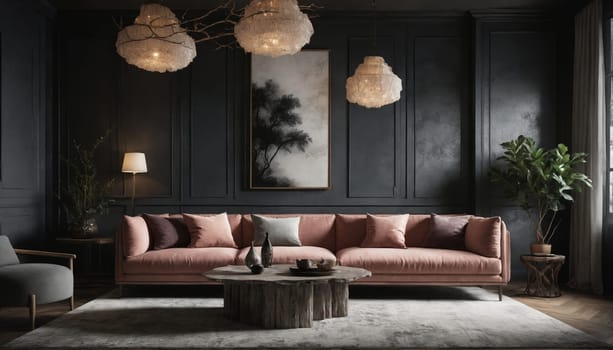 A modern living room featuring a plush dusty rose sofa positioned in front of a wall adorned with dark, paneled molding. The space is highlighted by a trio of unique, feathery pendant lights and a floor lamp casting a warm glow. The large, abstract painting adds a touch of artistic sophistication, while the houseplant in the corner contributes a natural element.