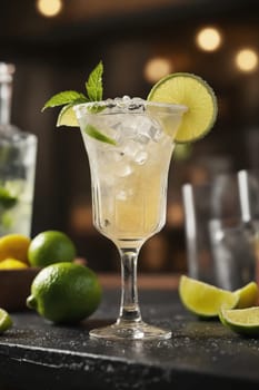 A tall glass filled with ice, a clear liquid, and a slice of lime, garnished with mint leaves, sits on a wooden table in a dimly lit bar setting. The glass is a cocktail glass with a long stem and a wide bowl. The drink is surrounded by limes and lemons, adding to the overall refreshing aesthetic.