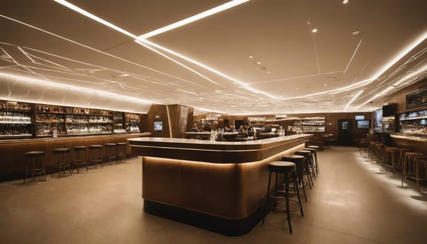 A modern bar interior featuring a curved counter with warm lighting. The bar is lined with stools and a large selection of spirits on shelves behind the counter. The ceiling is adorned with an intricate pattern of lines created by strategically placed lights.