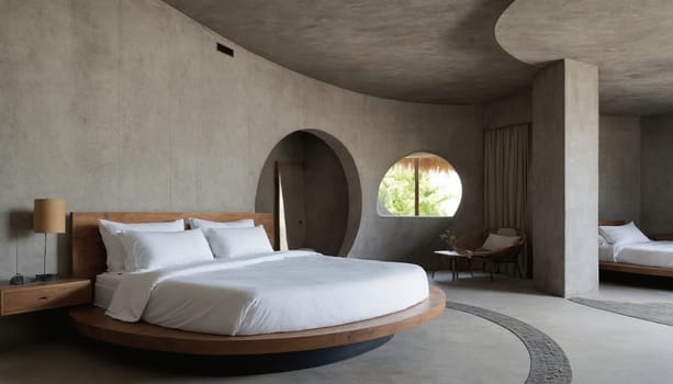A modern bedroom with a minimalist design features a large bed with white linens and a circular window overlooking a lush green garden. The room is bathed in natural light and is decorated with simple, elegant furniture and a small side table with a candle. The concrete walls and floor create a sense of calm and serenity.