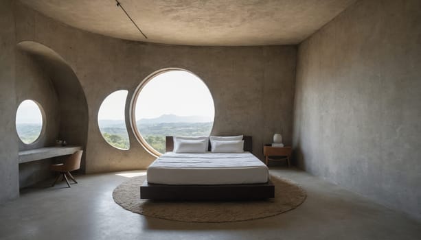 A spacious bedroom with a modern design features a large bed with crisp white linens, and two bedside lamps casting a warm glow. The room is dominated by concrete walls and floors, with large windows offering stunning panoramic views of a green landscape.