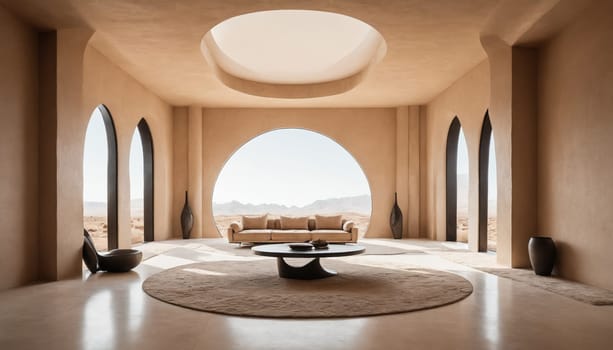 A spacious and modern desert sanctuary with circular windows offering stunning views of the vast landscape. The interior features a plush sofa, a low-lying coffee table, and warm, earthy tones, creating a sense of peace and tranquility.