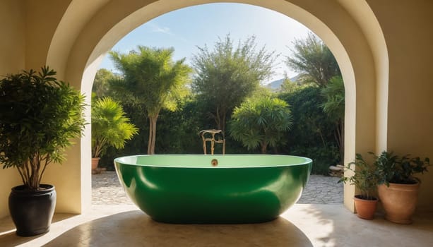A freestanding green bathtub sits in the center of a luxurious bathroom, bathed in the warm glow of natural light. The room features arched doorways that frame a picturesque view of a verdant landscape with mountains in the distance, creating a sense of tranquility. The simple yet elegant design of the bathroom, with its cream-colored walls and woven baskets, complements the vibrant green of the tub.