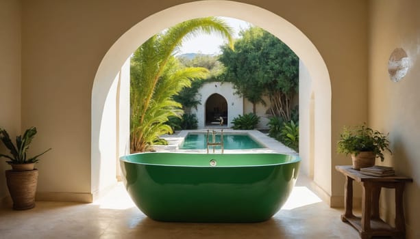 A freestanding green bathtub sits on a tiled patio overlooking a tranquil pool. The view beyond the pool is of a lush mountain range, with a clear blue sky. The bathtub is positioned under a yellow arched doorway, providing a sense of privacy and seclusion.