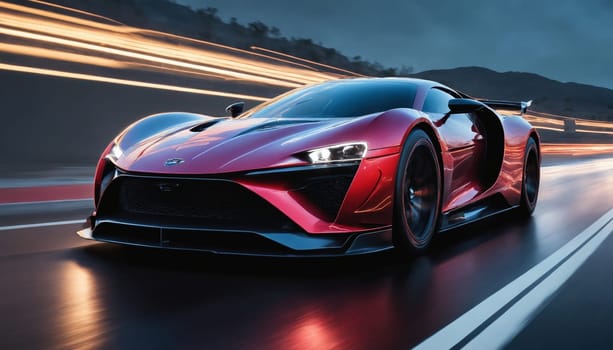 A sleek, midnight blue supercar speeds through a city at night, leaving trails of vibrant blue and orange light streaks in its wake. The cars powerful presence and the dynamic lines of the light trails create a visually striking and energetic image.