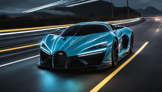 A blue supercar races through a winding mountain pass at night, leaving behind streaks of light from its headlights and taillights. The car is seen from a low angle, giving the viewer a sense of speed and power.