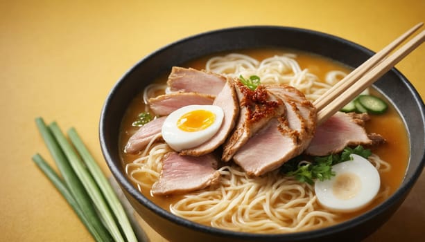 A bowl of steaming hot soba noodles in a rich broth, topped with thinly sliced, crispy duck, a soft-boiled egg, and fresh greens.