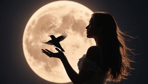 A silhouette of a woman with her arms outstretched reaches towards a bird flying in front of a full moon. The image is captured against a dark night sky. The subject is lit from behind by the moon, creating a dramatic contrast between the light and dark.