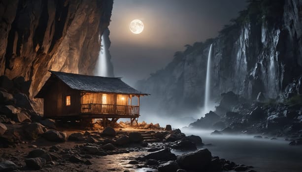 A small cabin with warm lights glows beneath a full moon, nestled amidst large rocks by a flowing waterfall. The scene evokes a sense of tranquility and peace, perfect for a secluded retreat amidst natures beauty.