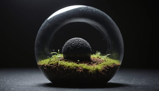 A single sprout, with bright green leaves, emerges from a moss-covered sphere. The sphere sits on a dark gray surface, bathed in the soft glow of a dim light. The background is a dark, almost black, providing a striking contrast to the vivid green of the sprout.
