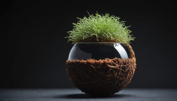 A single sprout, with bright green leaves, emerges from a moss-covered sphere. The sphere sits on a dark gray surface, bathed in the soft glow of a dim light. The background is a dark, almost black, providing a striking contrast to the vivid green of the sprout.