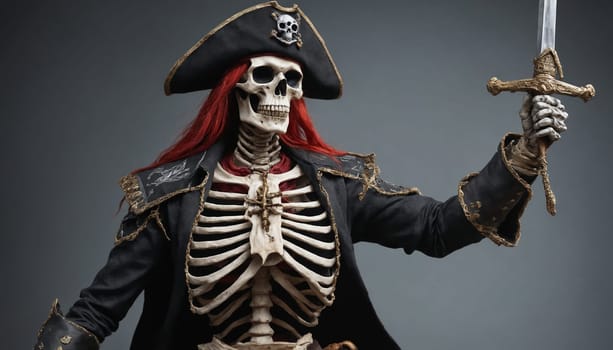 A pirate skeleton, dressed in full regalia, stands with a sword in hand, ready to lead his crew into battle. The skeletons menacing gaze and imposing posture create a sense of both humor and danger.