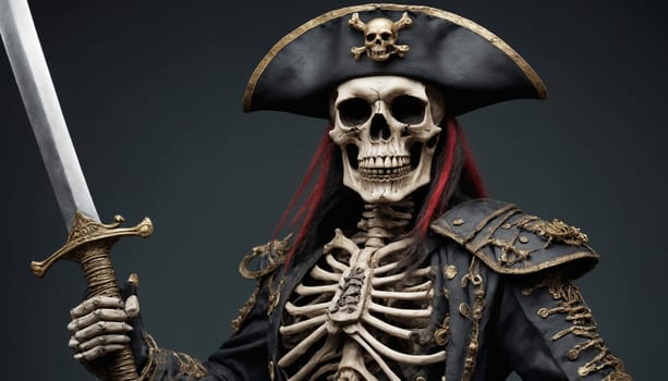 This image shows a detailed, close-up view of a skull pirate statue, complete with a black tricorn hat with gold trim and a red bandana. The statues skull is intricately sculpted, with a lifelike quality that evokes both fear and fascination. Its expression appears calm and composed, making it seem as if the pirate is simply observing its surroundings.