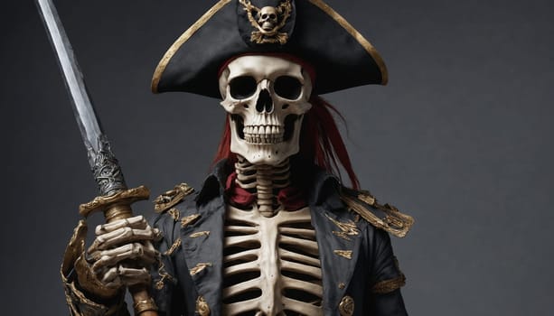 A skeletal pirate captain stands defiantly against a dark backdrop, holding a sword with a bony hand. The captains skull is adorned with a pirate hat, and a red bandana is tied around his neck. This image captures the essence of a pirates spirit, even in death.