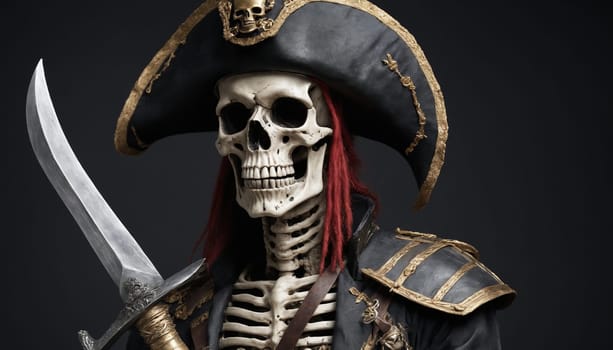 A skeletal pirate captain, with a weathered leather jacket and a skull adorned tricorn hat, stares intently towards the camera. His face is a chilling mask of death, a reminder of the dangers that lurk on the open waters.