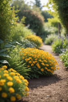 A stone path winds its way through a beautifully landscaped garden, where vibrant orange flowers bloom in abundance. The lush greenery of the surrounding plants and trees creates a tranquil and inviting atmosphere. The sunlight filters through the foliage, casting a warm glow on the scene.