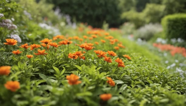 A vibrant patch of orange cosmos flowers in full bloom, nestled amidst lush green foliage. The soft, natural light creates a warm and inviting atmosphere, capturing the essence of a sunny summer day in a beautiful garden setting.