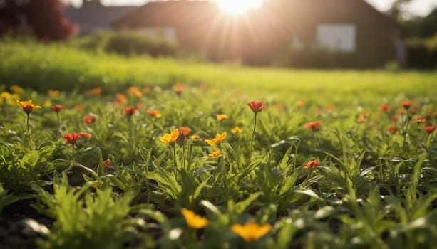 A close-up view of a cluster of pink poppy flowers in full bloom, their petals unfurling in the sunlight. The flowers are surrounded by lush green foliage, creating a vibrant and textured display. The background features a blur of other flowers and greenery, suggesting a tranquil garden setting.