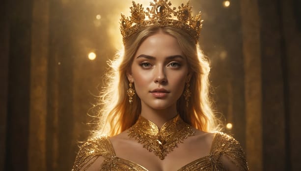 A young woman with long blonde hair wears a golden crown and ornate jewelry. She stands in a dimly lit room with a golden glow, as if she is a queen in a fantasy world.