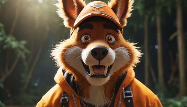 A close-up shot of a friendly, anthropomorphic fox wearing a bright orange hoodie. The fox is looking directly at the camera with a bright, welcoming smile. The fur appears soft and fluffy. The image is well-lit, with a warm spotlight illuminating the fox from behind.