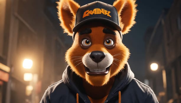 A close-up shot of a furry, orange creature with large, friendly eyes and a wide smile. It is wearing a black baseball cap with an orange logo and a black backpack. The creature is standing in a room illuminated by warm, soft lights.