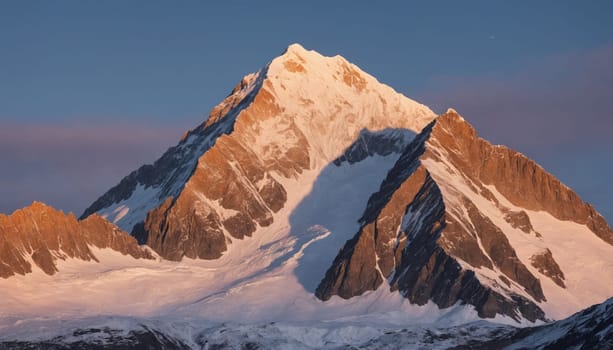 The image captures a snow-capped mountain peak bathed in the warm glow of sunrise, showcasing the majestic beauty of nature. The mountains rugged terrain and vast expanse create a sense of awe and wonder.