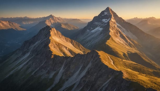 A stunning aerial photograph captures a majestic mountain range bathed in the warm, golden glow of sunset. The peaks and valleys are illuminated by the fading light, casting long shadows across the rugged landscape. The distant mountains are shrouded in a soft haze, adding to the ethereal beauty of the scene.