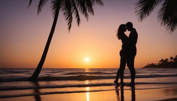 A silhouette of a couple embracing on a beach, as the sun sets behind a palm tree and paints the sky in vibrant shades of orange and pink. The scene is serene and romantic, capturing a moment of intimacy against the backdrop of a beautiful tropical landscape.