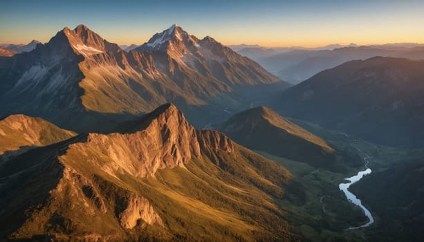 A breathtaking panoramic view of snow-capped mountain peaks illuminated by the warm glow of sunrise. The majestic landscape is a symphony of rugged peaks, lush valleys, and a vast, cloudless sky, showcasing the awe-inspiring beauty of nature.