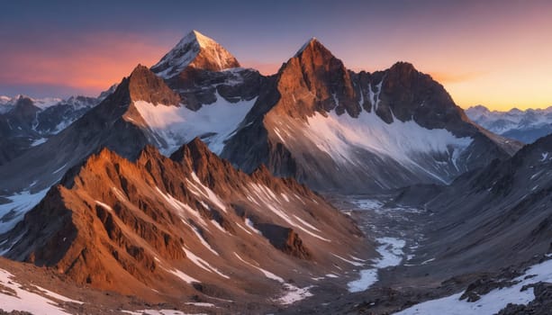 A stunning sunrise paints the sky in shades of pink and orange, casting a warm glow on a snow-covered mountain landscape. The towering peaks of the Wind River Range, including a prominent spire, stand out against the vibrant sky, creating a breathtaking scene of natural beauty.