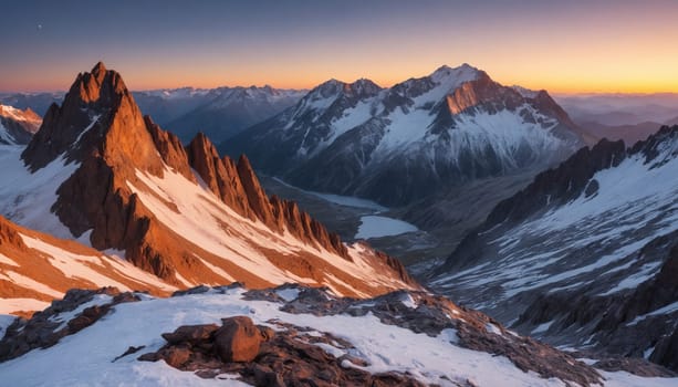 A breathtaking landscape showcasing a valley nestled between snow-capped mountains. The setting sun paints the sky with vibrant hues of crimson and orange, casting long shadows across the rocky terrain.
