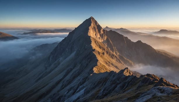 A panoramic view of a majestic mountain range, bathed in the warm glow of the early morning sun. The snow-capped peaks rise high above the surrounding landscape, with a hint of the sunrise casting a golden hue on the slopes. The scene exudes tranquility and grandeur, showcasing the beauty of natures artistry.