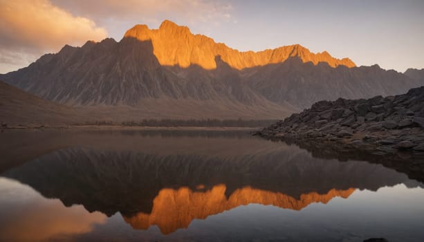 A serene mountain lake reflects the vibrant colors of a golden hour sunset. The peaks of the mountains are mirrored perfectly in the calm water, creating a breathtaking and symmetrical scene. The warm light bathes the landscape in a soft glow, highlighting the beauty of nature.