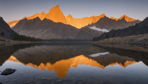 A serene mountain lake reflects the golden hues of the setting sun, casting a mirror image of the rugged peaks that surround it. The calm water creates a breathtaking visual contrast with the dramatic landscape, highlighting the beauty of natures artistry.