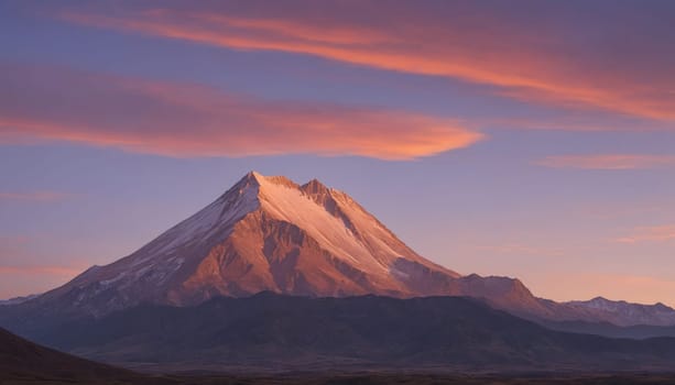 A panoramic view of a majestic mountain range, illuminated by the warm glow of the setting sun. The peaks are silhouetted against a vibrant, purple-hued sky, while the valley below is bathed in a soft, golden light.