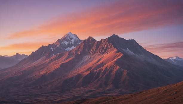 A towering mountain peak dominates the landscape, its rugged slopes bathed in the warm hues of a setting sun. The sky above is a canvas of vibrant crimson, purple, and orange, creating a breathtaking scene of natural beauty.