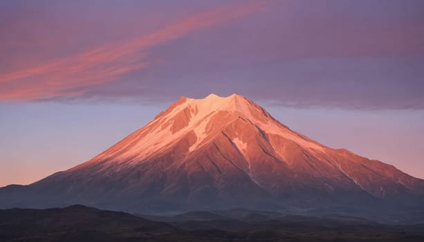A towering mountain peak dominates the landscape, its rugged slopes bathed in the warm hues of a setting sun. The sky above is a canvas of vibrant crimson, purple, and orange, creating a breathtaking scene of natural beauty.