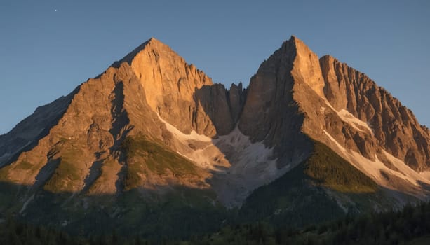 A panoramic view of a mountain range, with towering peaks and a snow-capped summit, illuminated by the warm glow of the setting sun. The rugged terrain and lush forest below create a dramatic landscape.