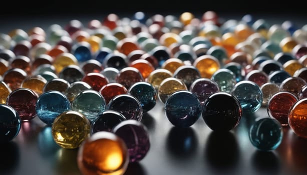 A close-up photograph of numerous glass marbles, each with its own unique color, scattered across a dark surface. The marbles reflect light, creating a sense of depth and mystery.