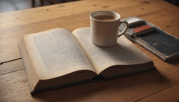 An open book with blank pages lies on a wooden table, beside a white mug filled with dark coffee. The light casts shadows on the woodgrain, creating a cozy and inviting atmosphere.
