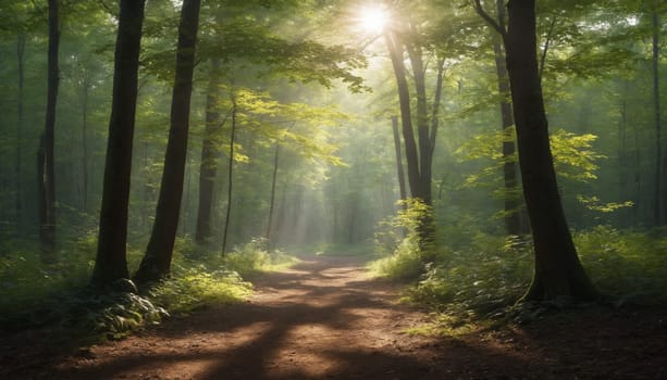 A sunlit path winds through a dense forest, with sunlight streaming through the trees and illuminating the mist. The forest floor is covered in lush green foliage.