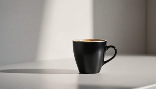 A black ceramic mug filled with coffee sits on a white surface. The mug is illuminated by natural light from a nearby window, casting soft, parallel shadows on the surface. The mug has a heart-shaped handle, creating a sense of warmth and intimacy.