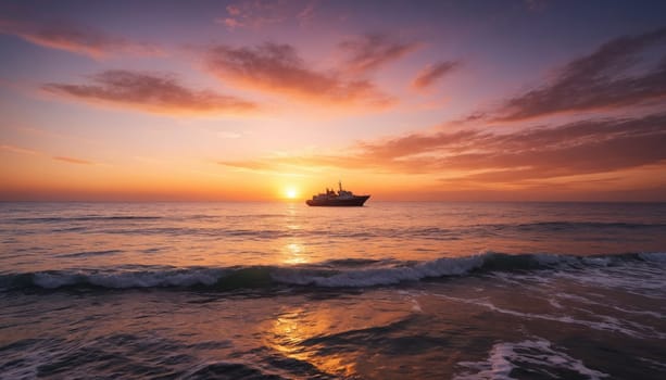 A lone ship sails across the vast expanse of the ocean, its silhouette a stark contrast against the fiery hues of the setting sun. The sky is ablaze with vibrant shades of orange, pink, and purple, casting a warm glow on the rippling water below.