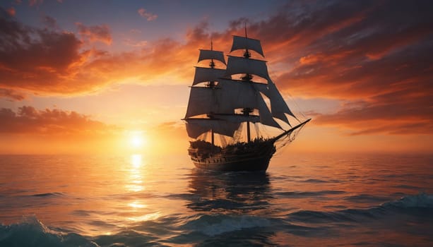 Two sailboats, silhouetted against a brilliant orange and pink sunset, navigate the calm waters of the open ocean. The sky is filled with dramatic clouds, reflecting in the glassy surface of the sea.