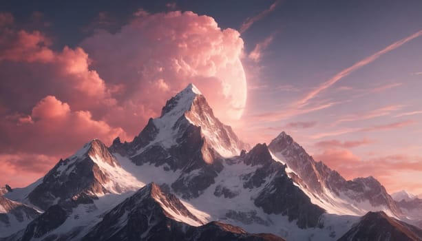 The image captures the breathtaking sight of a snowy mountain range bathed in the soft glow of a sunset. Pink clouds billow across the sky, while a bright moon peeks through the clouds, illuminating the peaks of the mountains.