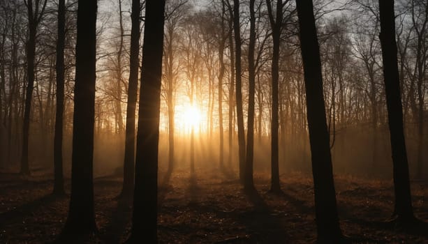Sunlight streams through the trees in a deciduous forest, casting long shadows on the ground. The forest floor is covered in fallen leaves and the sun is setting, creating a warm golden glow.